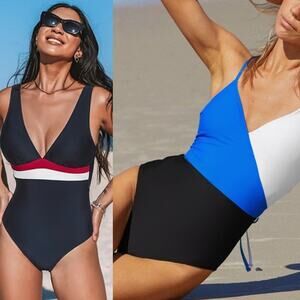 NWT Cupshe Italian Voyage Colorblock Lace-Back One Piece Swimsuit BUNDLE Sz L